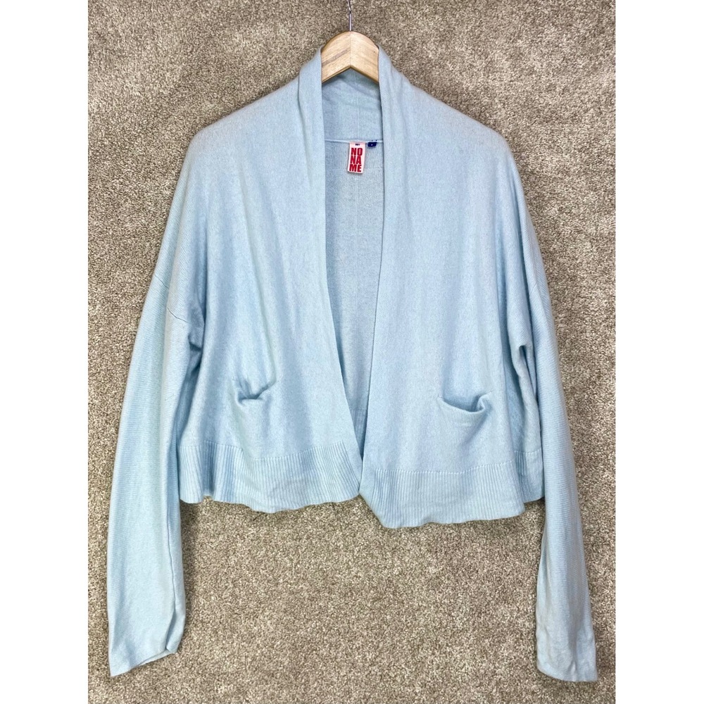 No Name 100% Cashmere Open Front Cardigan Sweater Womens Sz L Blue Shawl Pockets